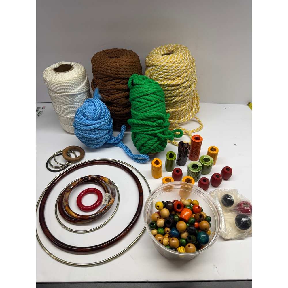 Vintage Macrame Supply Lot Cord Spools Ceramic Wooden Beads Metal Plastic Rings